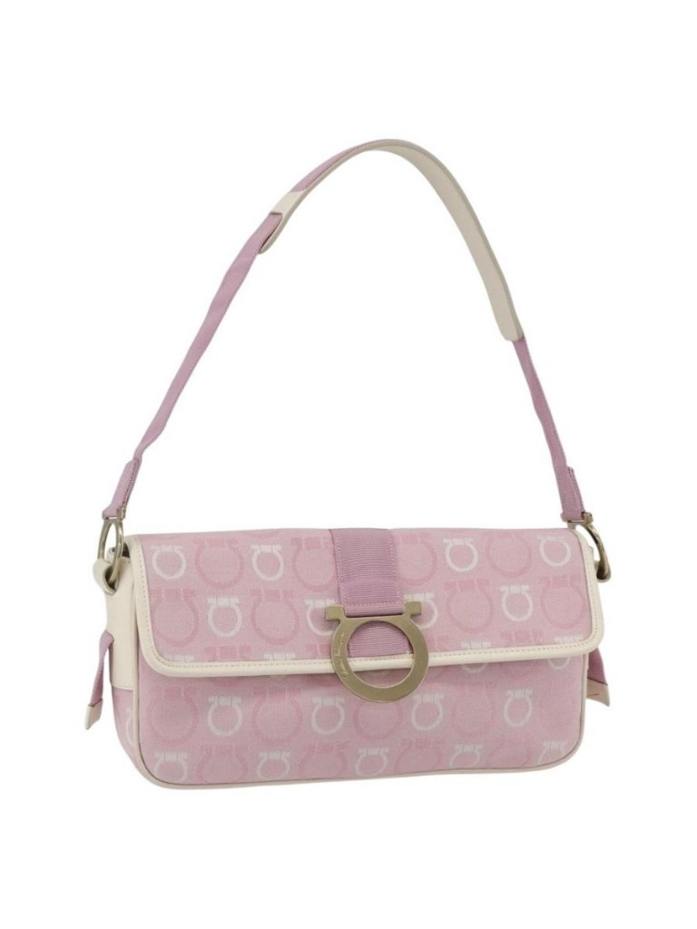 Authentic Salvatore Ferragamo Gancini Shoulder Bag Canvas Pink Gold